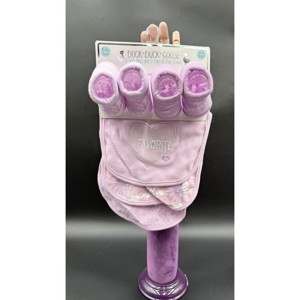 Duck Duck Goose Baby Girls 5 Pc Bib and Sock Set Lavender Mommy's Favorite 0-9M